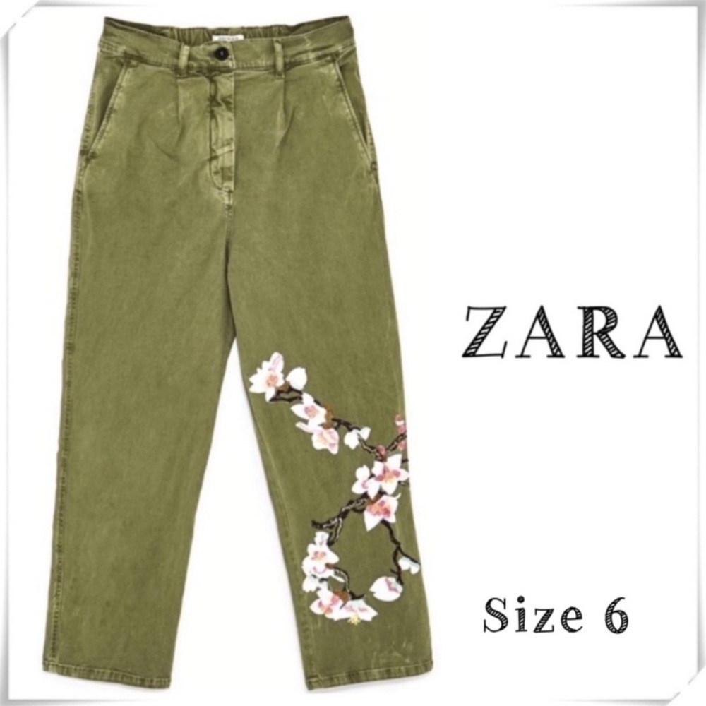 ZARA Cherry Blossom Floral Embroidered Boyfriend Chino Pants Army Green Size 6